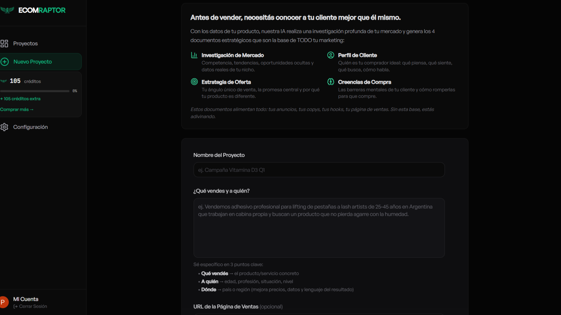 Crear proyecto en EcomRaptor